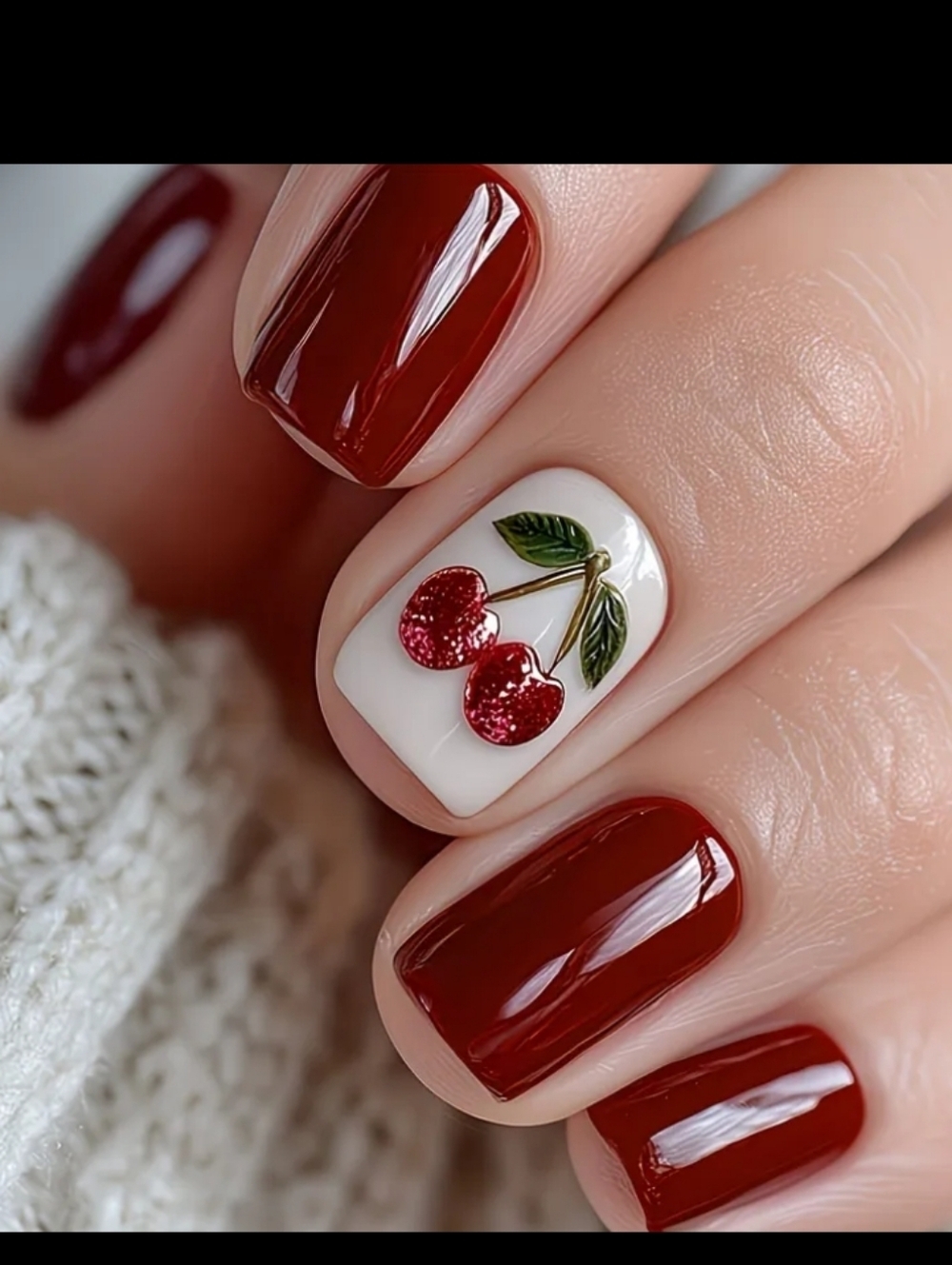🔥3/$21 Cherry Accent Press On Nail Set - Deep Red & White